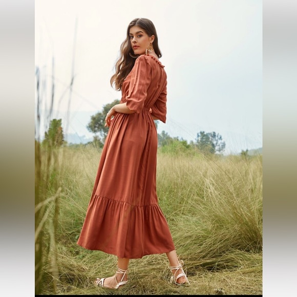 Shein Boho Burnt Orange Pom Pom Midi Dress - Picture 3 of 9